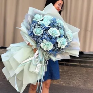Bó Hoa Hồng Nhập Khẩu Màu Xanh Ngọc Mix Hoa Baby Xanh