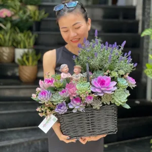 Hoa Tặng Người Yêu 8/3: Giỏ Hoa Tình Yêu Nghiêm Túc Từ Hoa Sen Đá Mix Lavender Tím