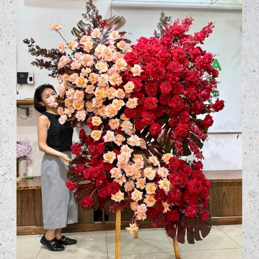Kệ Hoa Khai Trương Tặng Công Ty Màu Đỏ Mix Cam Rực Rỡ Hoành Tráng